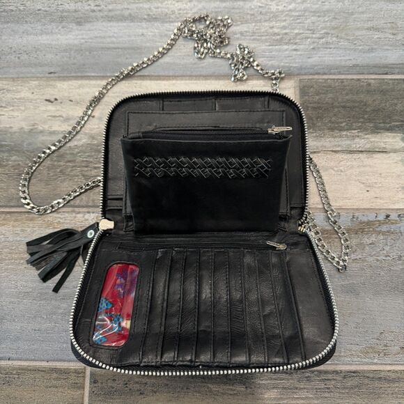 New Braided Black Leather Clutch Wallet Purse Removable Long Chain Zipper Close - Picture 4 of 8